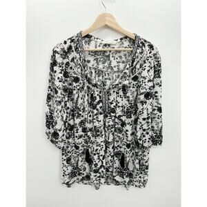 Farmers Market Blouse Women 2X Black White Floral 3/4 Sleeve Loose Rayon Boho